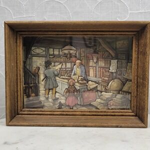 VTG Anton Pieck In the Bookstore 3D Diorama Shadow Box Wood Frame